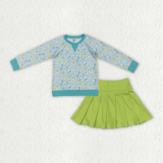 GLD1570 Floral Blue Green Long Sleeve Green Pleated Skirts Girls Yoga Sets 202512 RTS
