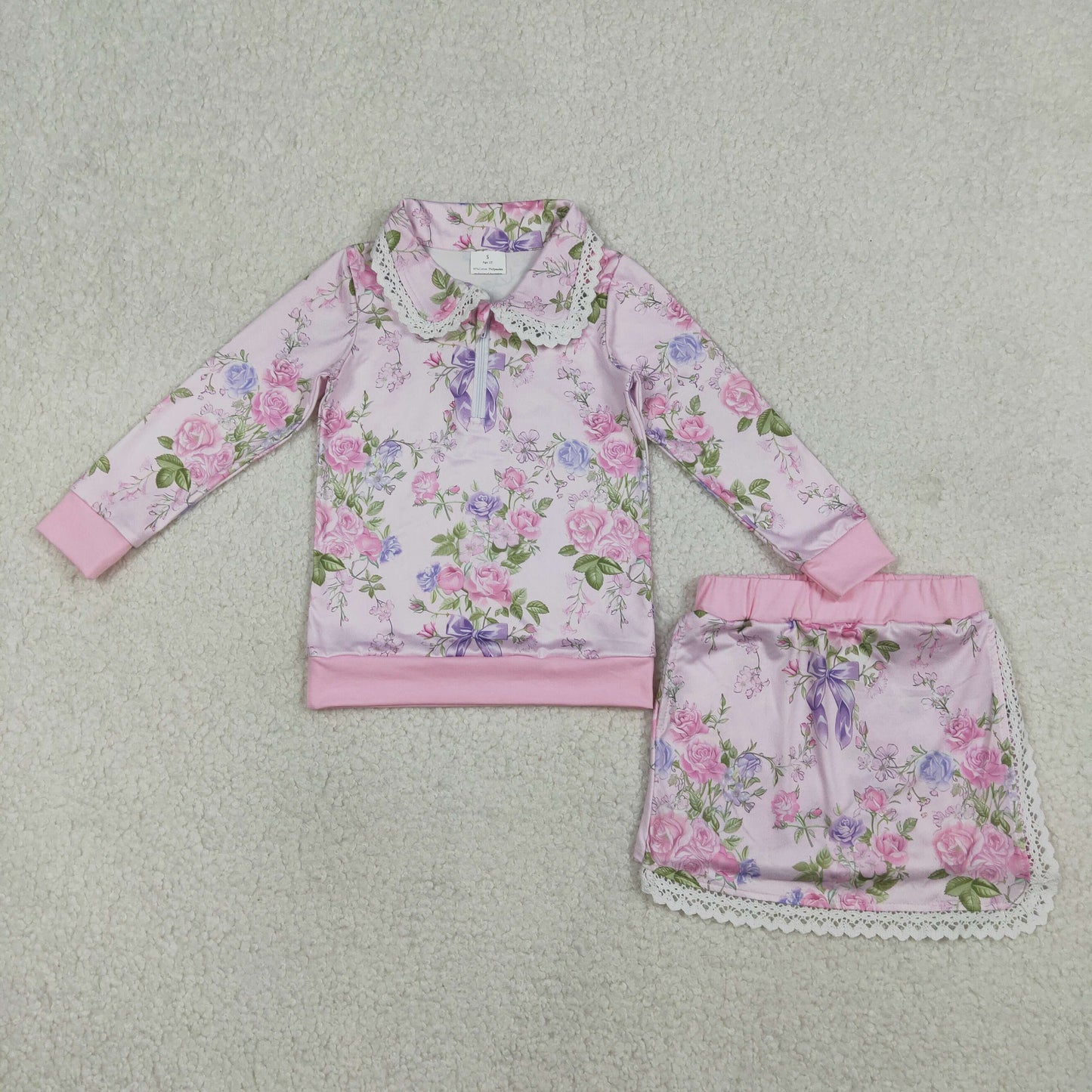 GLD1572 Flower Lace Ruffle Pink Zip Collar Long Sleeve Skirts Girls Sets 202601 RTS