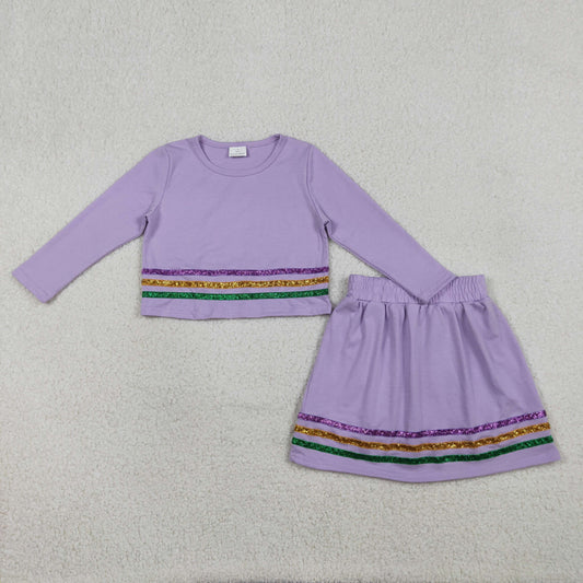 GLD1573 Mardi Gras Purple Long Sleeve Skirts Girls Sets 202601 RTS