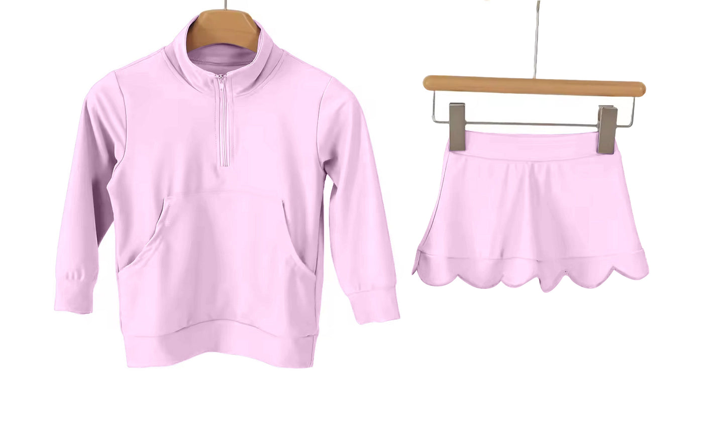 MOQ 5 PCS preorder GLD1587 Solid Pink Zip Collar Long Sleeve Skirts Girls Yoga Sets 202602