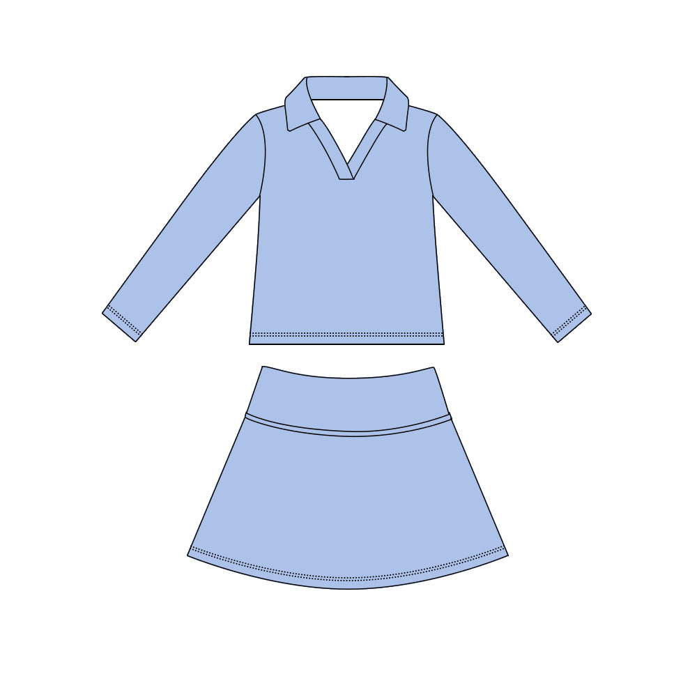 MOQ 5 PCS preorder GLD1590 Solid Blue V-Neck Long Sleeve Skirts Girls Yoga Sets 202604