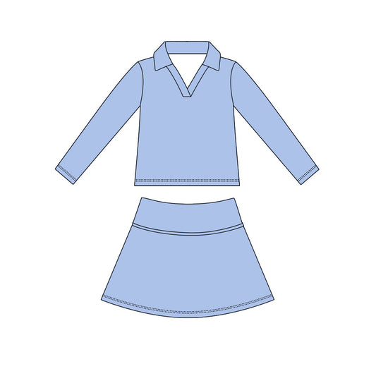 MOQ 5 PCS preorder GLD1590 Solid Blue V-Neck Long Sleeve Skirts Girls Yoga Sets 202604