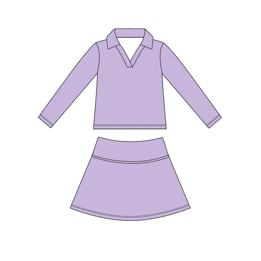 MOQ 5 PCS preorder GLD1592 Solid Purple V-Neck Long Sleeve Skirts Girls Yoga Sets 202604