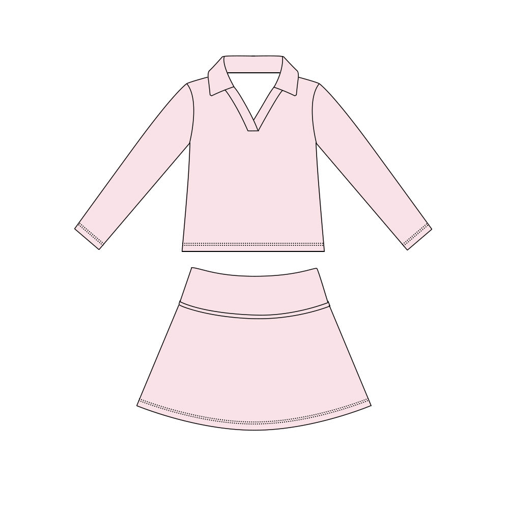 MOQ 5 PCS preorder GLD1593 Solid Pink V-Neck Long Sleeve Skirts Girls Yoga Sets 202604