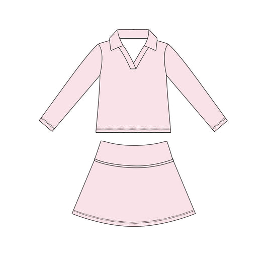 MOQ 5 PCS preorder GLD1593 Solid Pink V-Neck Long Sleeve Skirts Girls Yoga Sets 202604
