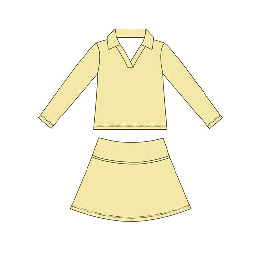 MOQ 5 PCS preorder GLD1594 Solid Yellow V-Neck Long Sleeve Skirts Girls Yoga Sets 202604