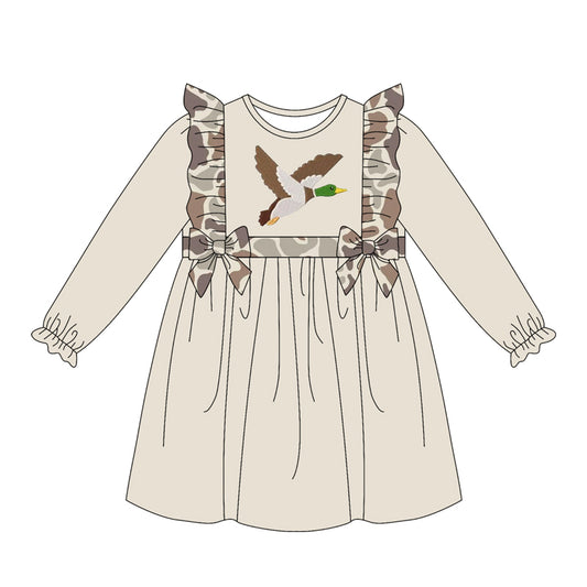MOQ 5 PCS preorder GLD1596 Duck Pattern Beige Brown Camouflage Bows Ruffle Long Sleeve Dresses for Girls 202604