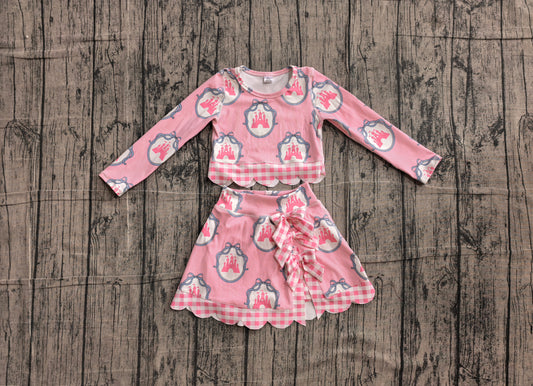 NO MOQ preorder GLD1601 Castle Bows Pink Stripe Long Sleeve Wave Ruffle Skirts Girls Yoga Sets 202606