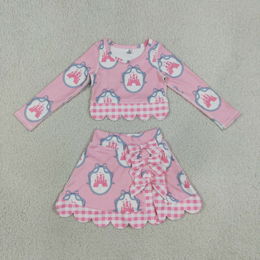 GLD1601 Castle Bows Pink Stripe Long Sleeve Wave Ruffle Skirts Girls Yoga Sets 202607 RTS