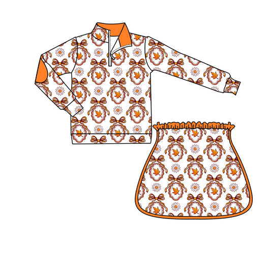 MOQ 5 PCS preorder GLD1602 Floral Leaf Bow Orange Zip Long Sleeve Skirts Girls Sets 202604