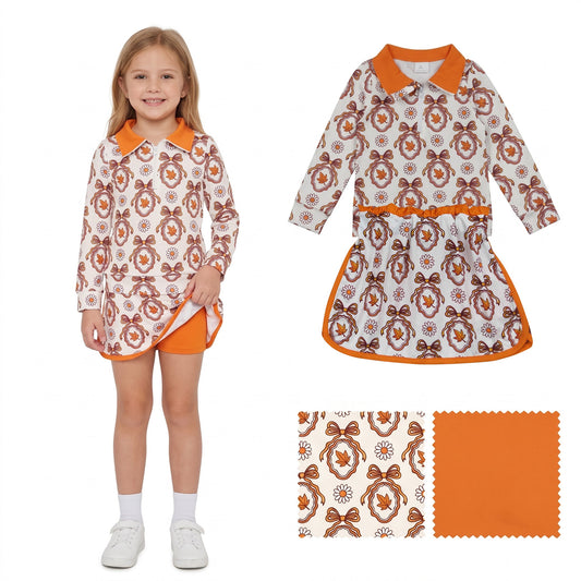 GLD1602 RTS toddler girl clothes orange leaf bows girl summer fall set skirt outfit