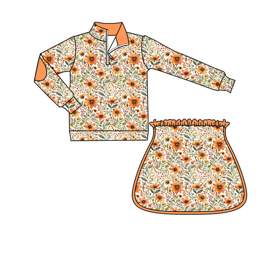 MOQ 5 PCS preorder GLD1606 Floral Leaf Orange Zip Long Sleeve Skirts Girls Sets 202604