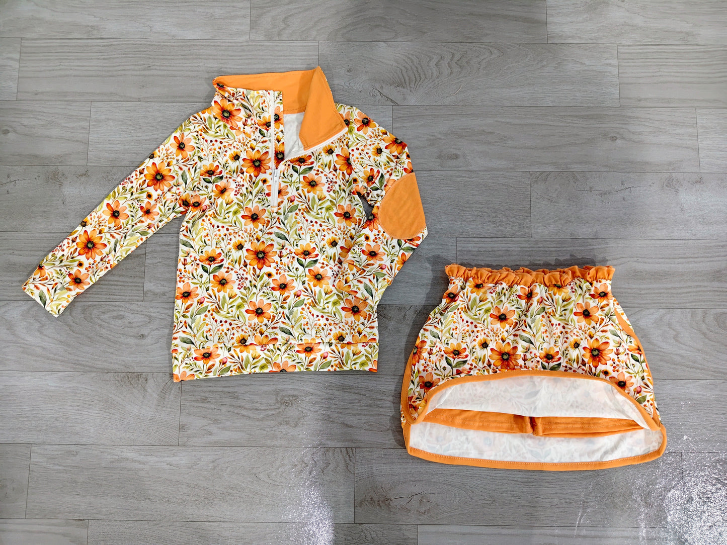 NO MOQ preorder GLD1606 Floral Leaf Orange Zip Long Sleeve Skirts Girls Sets 202607