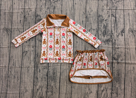 NO MOQ preorder GLD1607 Christmas Gingerbread Man Flower Bows Brown Zip Long Sleeve Skirts Girls Sets 202606