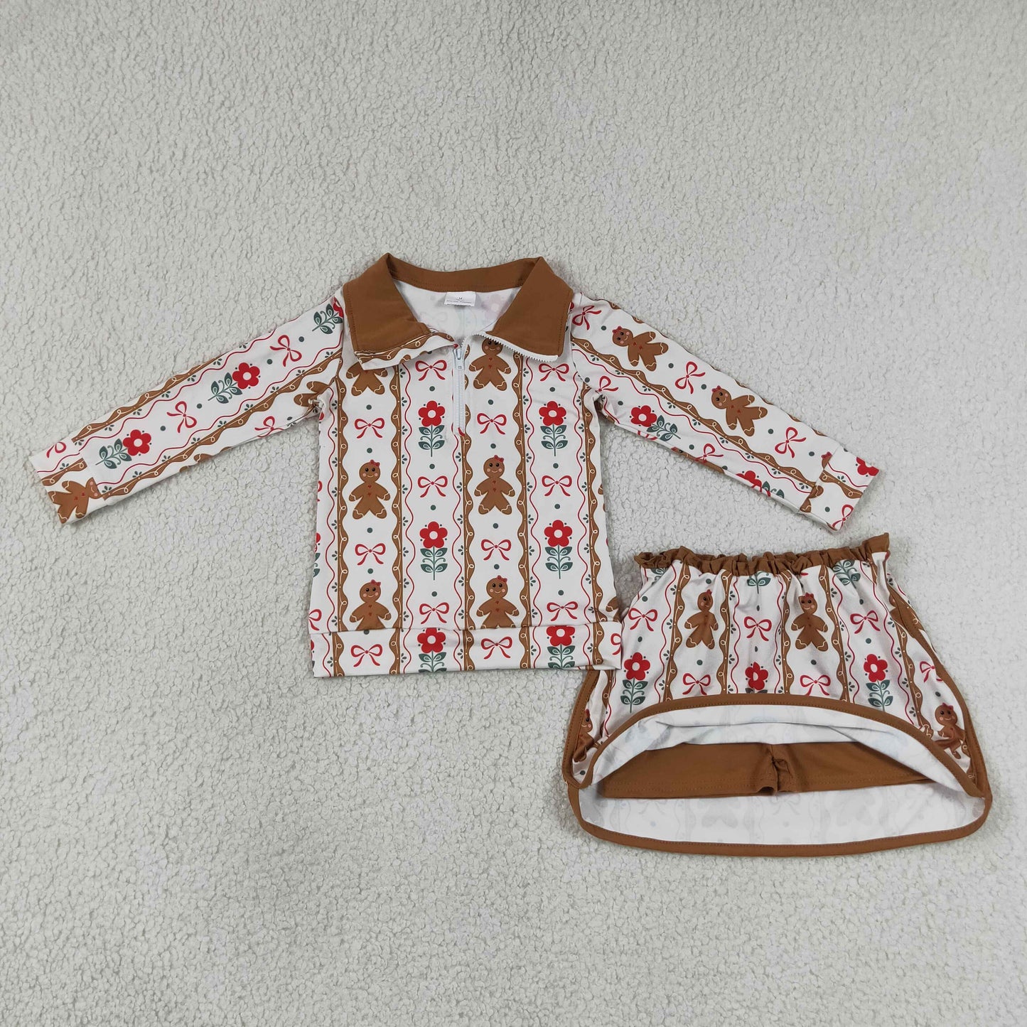 GLD1607 Christmas Gingerbread Man Flower Bows Brown Zip Long Sleeve Skirts Girls Sets 202607 RTS