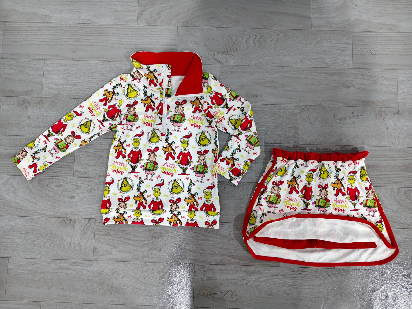 NO MOQ preorder GLD1608 Christmas Grinch Red Zip Long Sleeve Skirts Girls Sets 202607