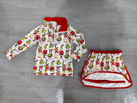 NO MOQ preorder GLD1608 Christmas Grinch Red Zip Long Sleeve Skirts Girls Sets 202607