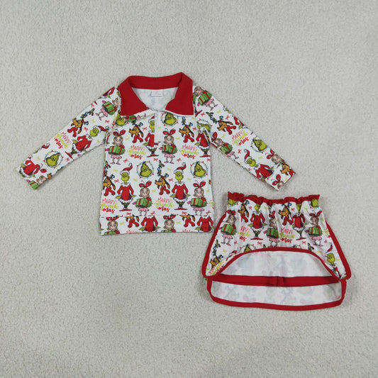 GLD1608 Christmas Grinch Red Zip Long Sleeve Skirts Girls Sets 202607 RTS