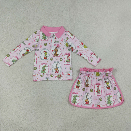 GLD1609 Christmas Grinch Pink Zip Long Sleeve Skirts Girls Sets 202607 RTS