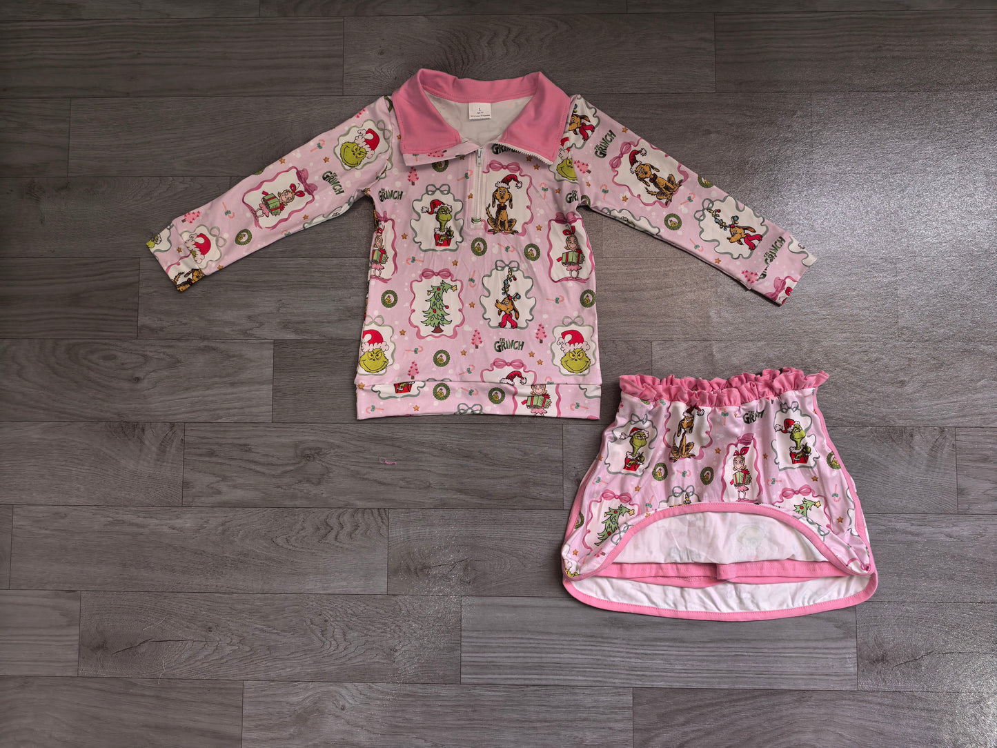 NO MOQ preorder GLD1609 Christmas Grinch Pink Zip Long Sleeve Skirts Girls Sets 202607