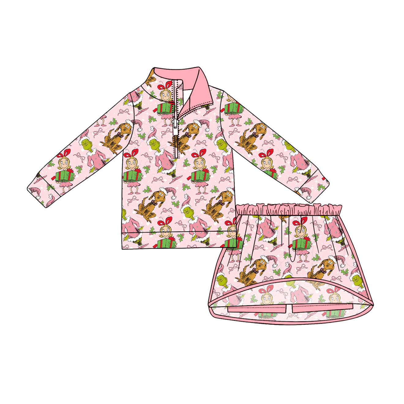 MOQ 5 PCS preorder GLD1610 Christmas Grinch Pink Zip Long Sleeve Skirts Girls Sets 202604