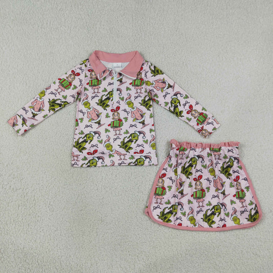 GLD1610 Christmas Grinch Pink Zip Long Sleeve Skirts Girls Sets 202608 RTS
