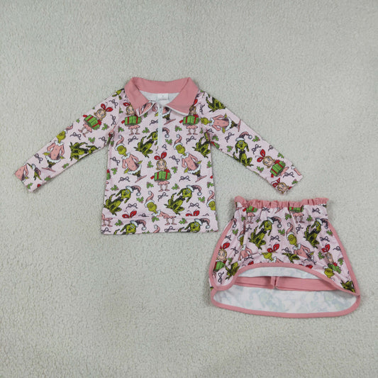 GLD1610 Christmas Grinch Pink Zip Long Sleeve Skirts Girls Sets 202608 RTS