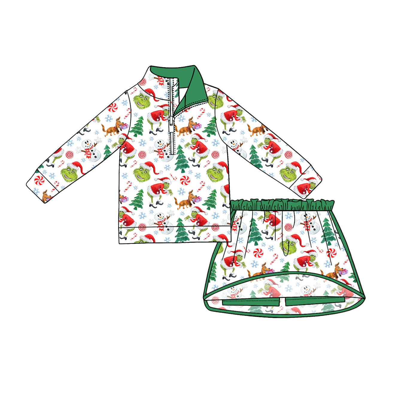 MOQ 5 PCS preorder GLD1611 Christmas Grinch Green White Zip Long Sleeve Skirts Girls Sets 202604