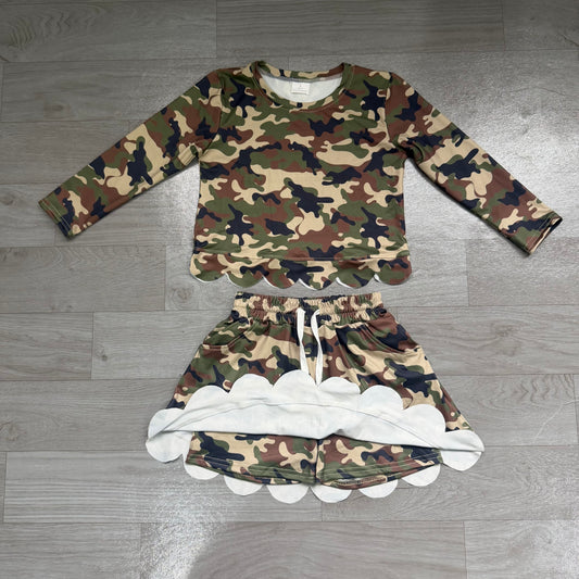 NO MOQ preorder GLD1620 Brown Green Black Camo Long Sleeve Skirts Girls Sets 202607
