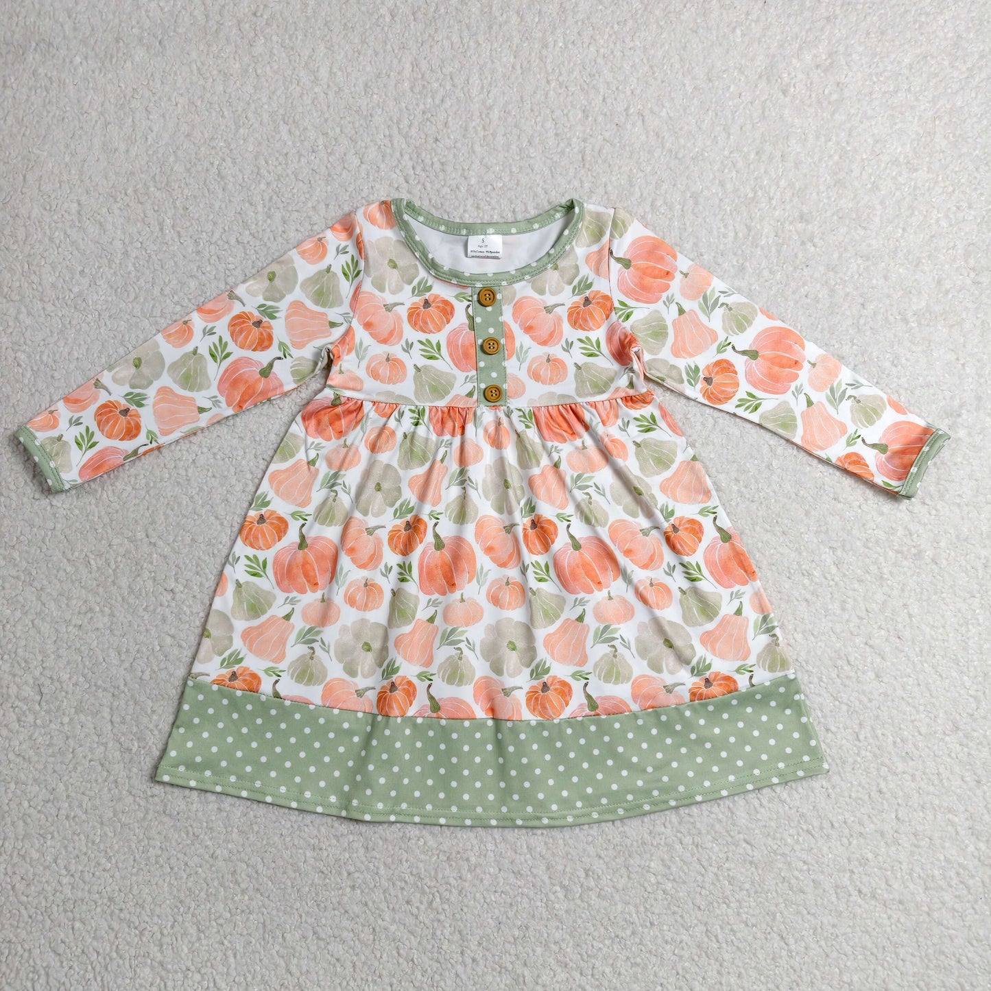 GLD1626 Pumpkin Dots Green Long Sleeve Dresses for Girls 202606 RTS