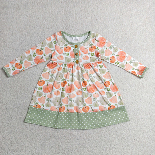 GLD1626 Pumpkin Dots Green Long Sleeve Dresses for Girls 202606 RTS