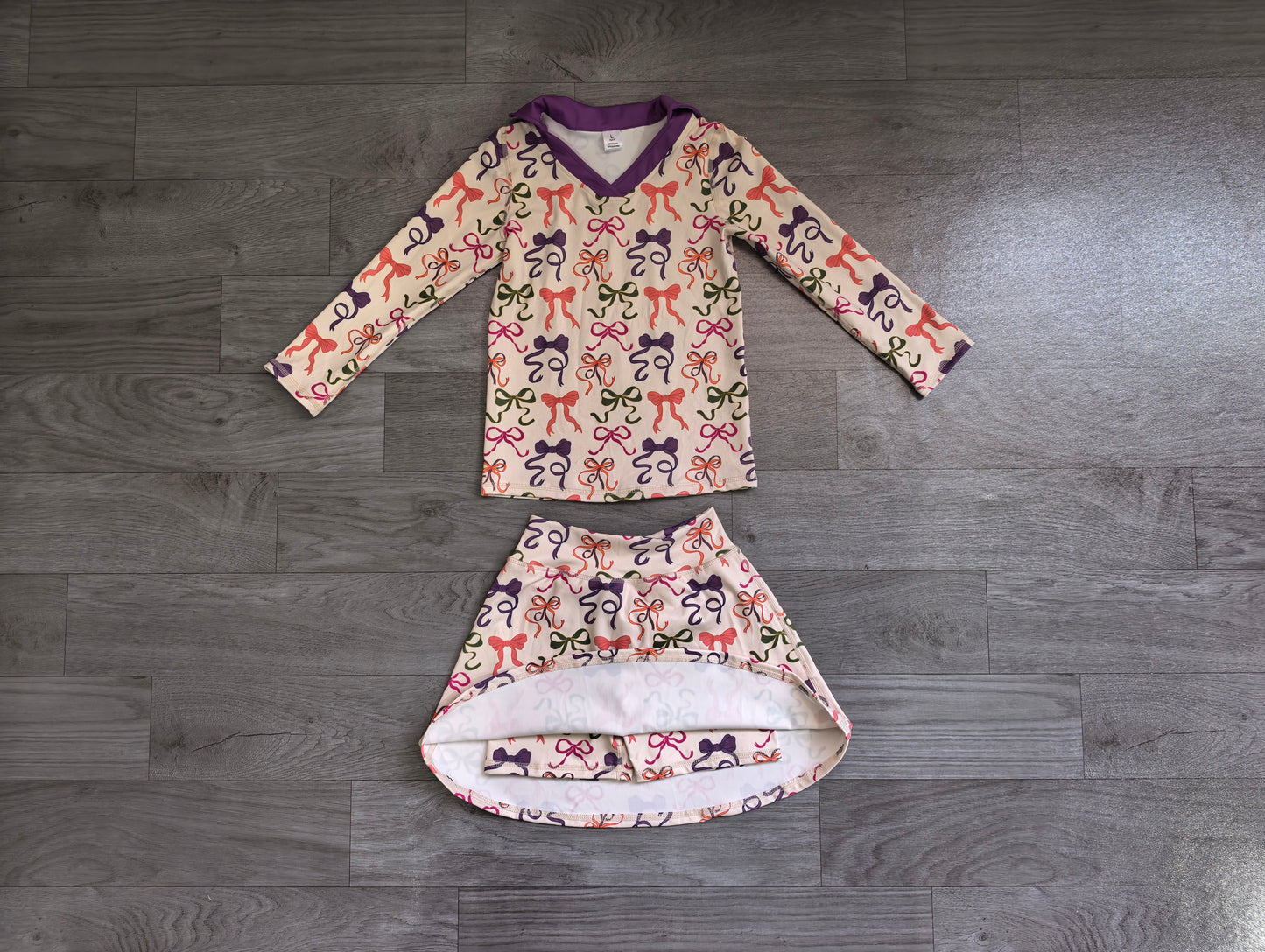 NO MOQ preorder GLD1632 Bows Purple V-Neck Long Sleeve Skirts Girls Yoga Sets 202607