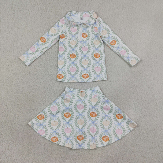 GLD1635 Pumpkin Bows Leaf Zip Long Sleeve Skirts Girls Yoga Sets 202608 RTS