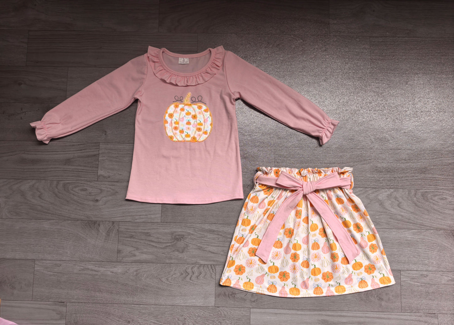NO MOQ preorder GLD1641 Embroidered Pumpkin Bows Pink Purple Long Sleeve Skirts Girls Sets 202607