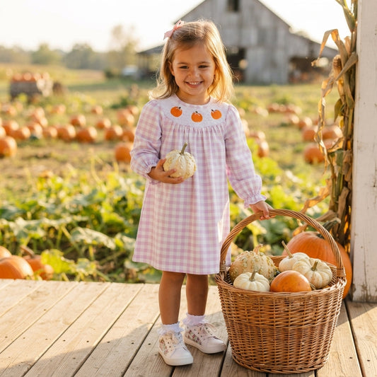 GLD1649 Smocked Fall Pumpkin Bows Plaid Purple Girl's Dress