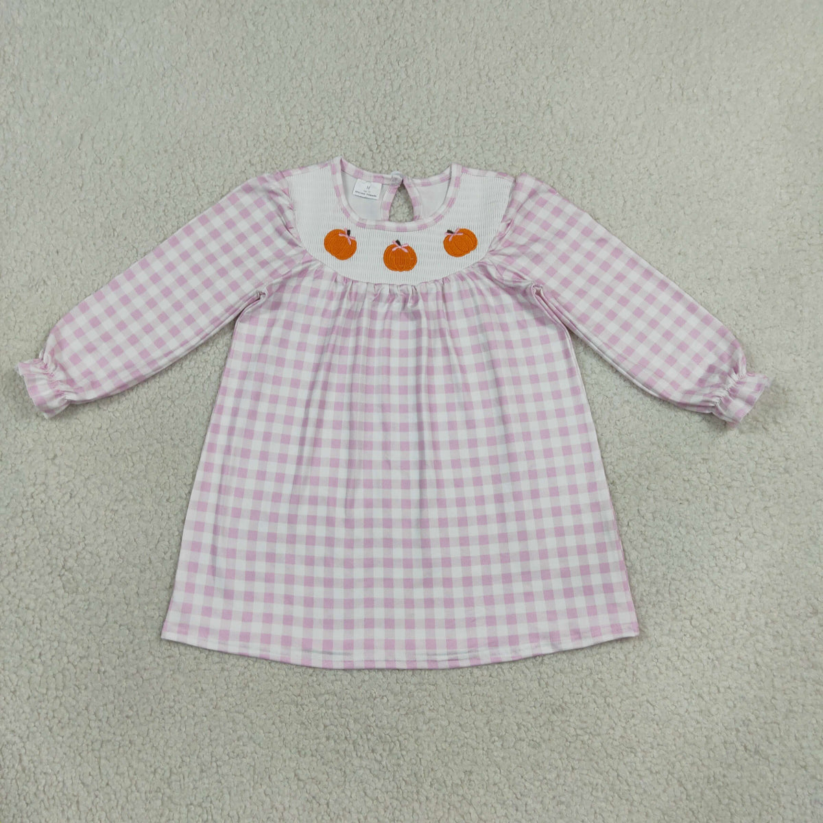 GLD1649 Smocked Fall Pumpkin Bows Plaid Purple Girl's Dress