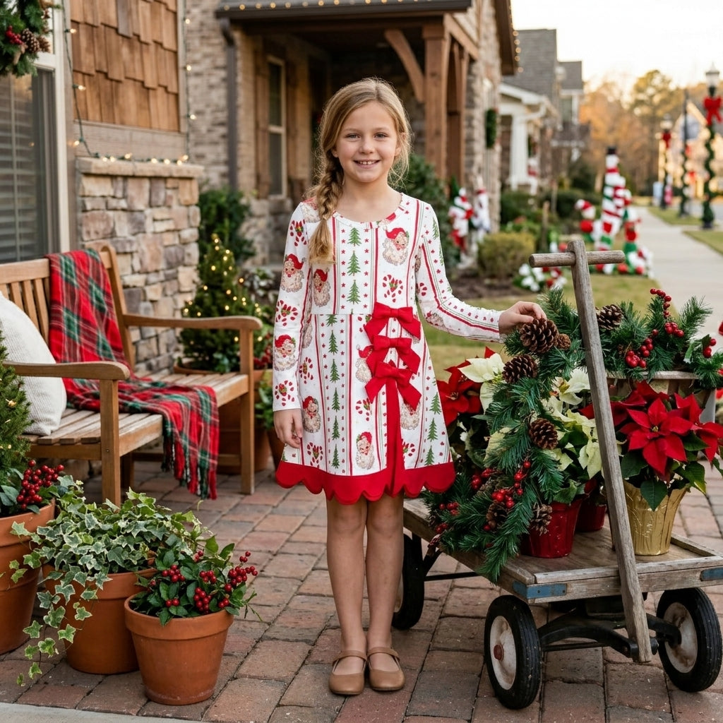GLD1650 Christmas Santa Red Yoga Scallop Edge Girl's Dress