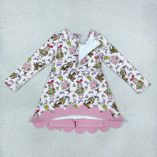 GLD1656 Christmas Green Animals Gift Bows Yoga Scallop Edge Girl's Dress
