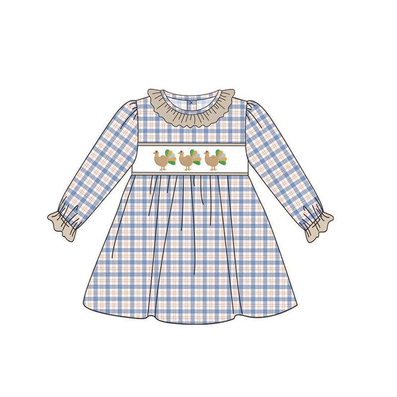 MOQ 5 PCS preorder GLD1667 Thanksgiving Turkey Plaid Khaki Ruffle Long Sleeve Dresses for Girls 202606