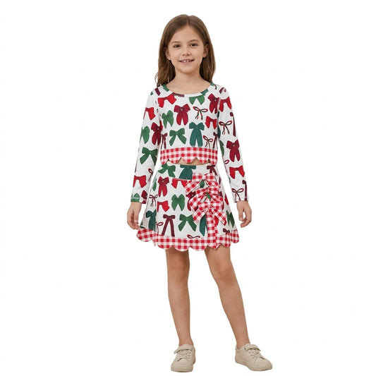 GLD1677 Christmas Bows Scallop Edge Yoga Girls Skorts Set