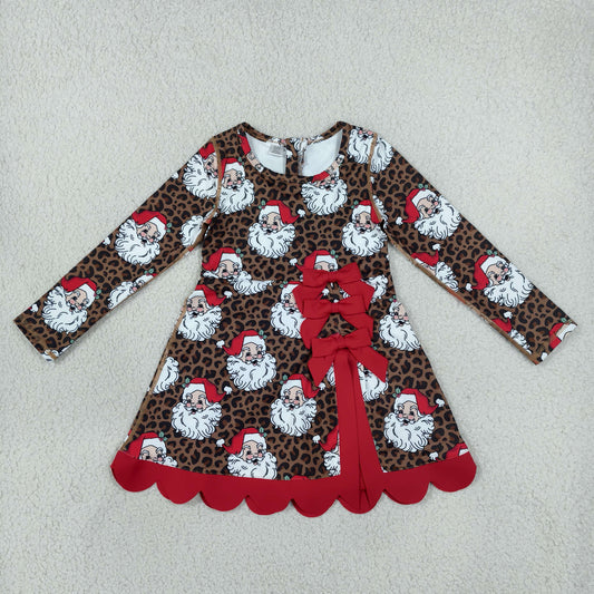 GLD1679 Christmas Santa Leopard Bows Yoga Scallop Edge Girl's Dress