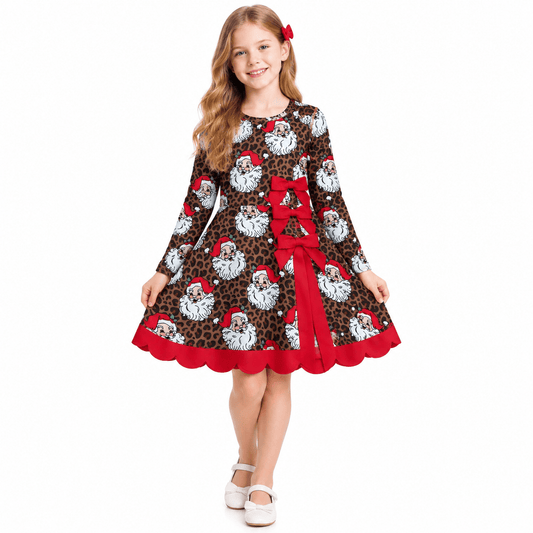 GLD1679 Christmas Santa Leopard Bows Yoga Scallop Edge Girl's Dress