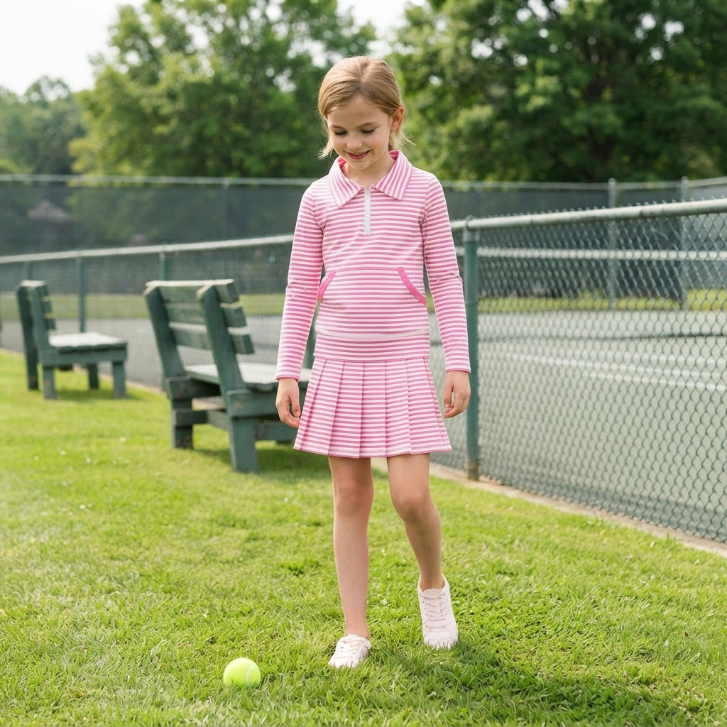 GLD1699 Pink Stripe Pleated Yoga Girls Skorts Set