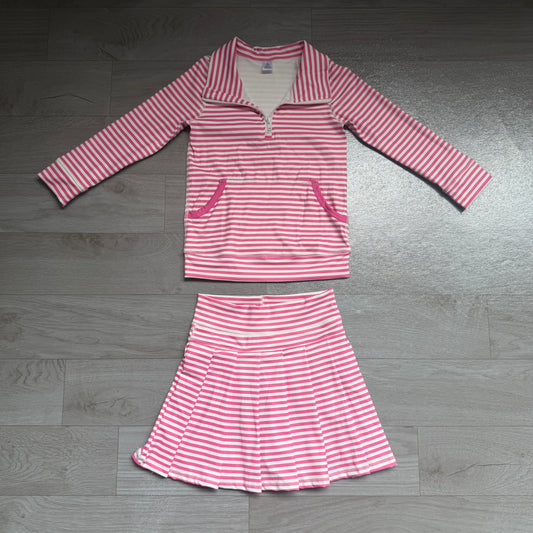 NO MOQ preorder GLD1699 Pink Stripe Zip Collar Polo Long Sleeve Skirts Girls Yoga Sets 202607