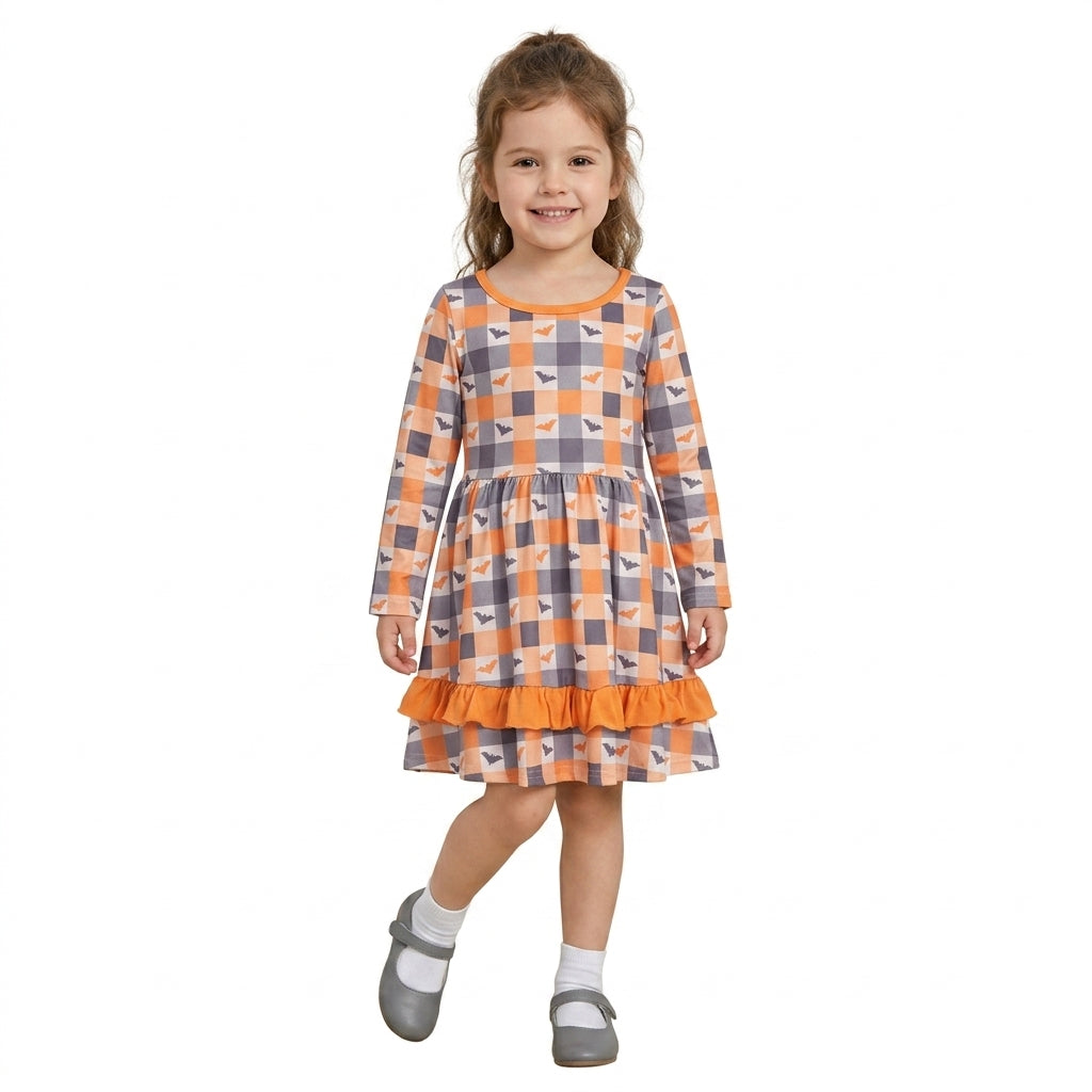GLD1707 Halloween Bat Plaid Ruffles Girl's Dress 202609 RTS