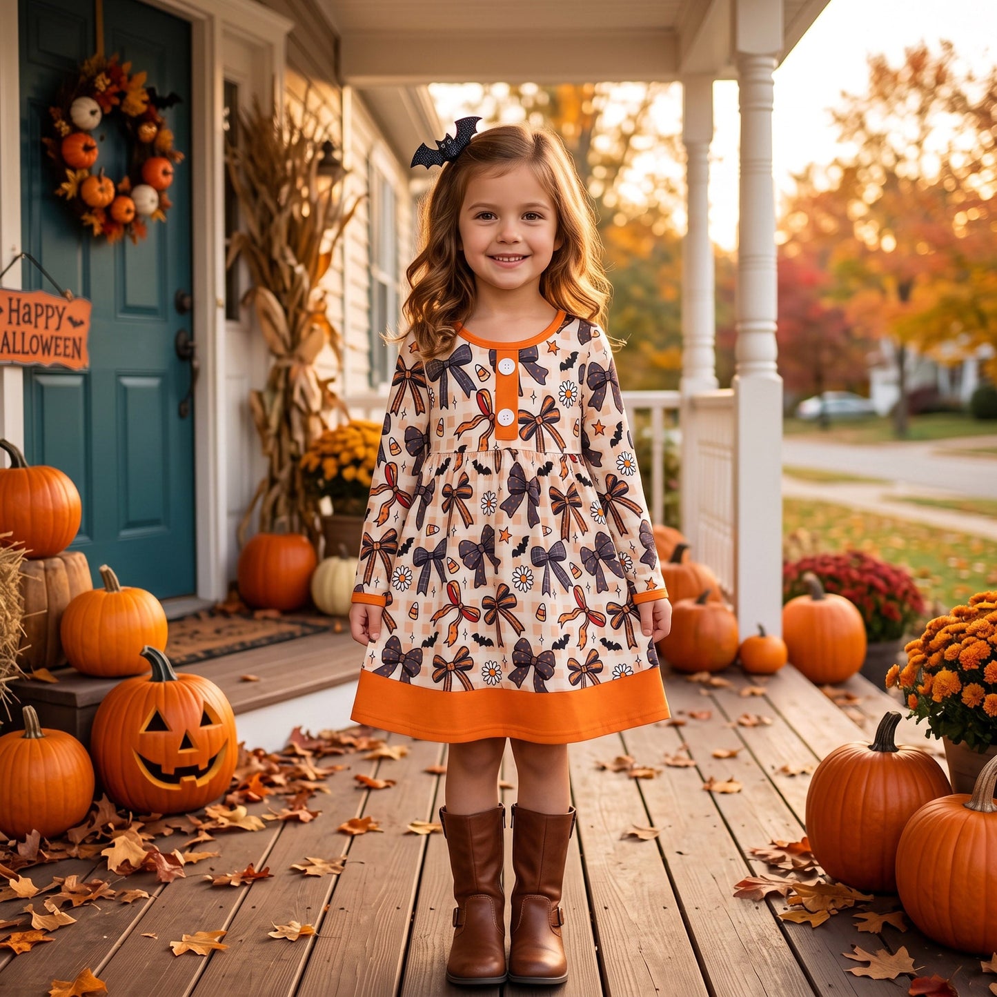 GLD1708 RTS toddler girl clothes bows print girl fall dress halloween clothes