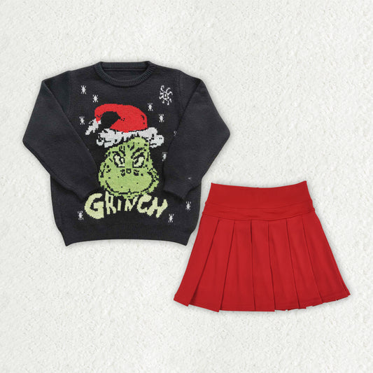 GLD1720 Christmas Grinch Long Sleeve Black Sweater Red Pleated Skirts Girls Sets 202607 RTS