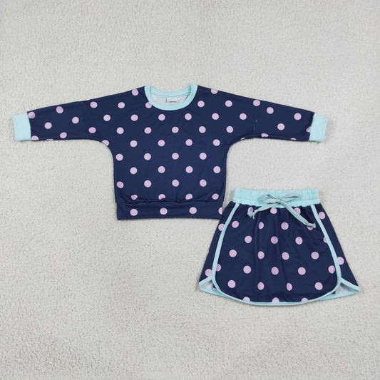 GLD1762 Dots Navy Long Sleeves Girls Skorts Set