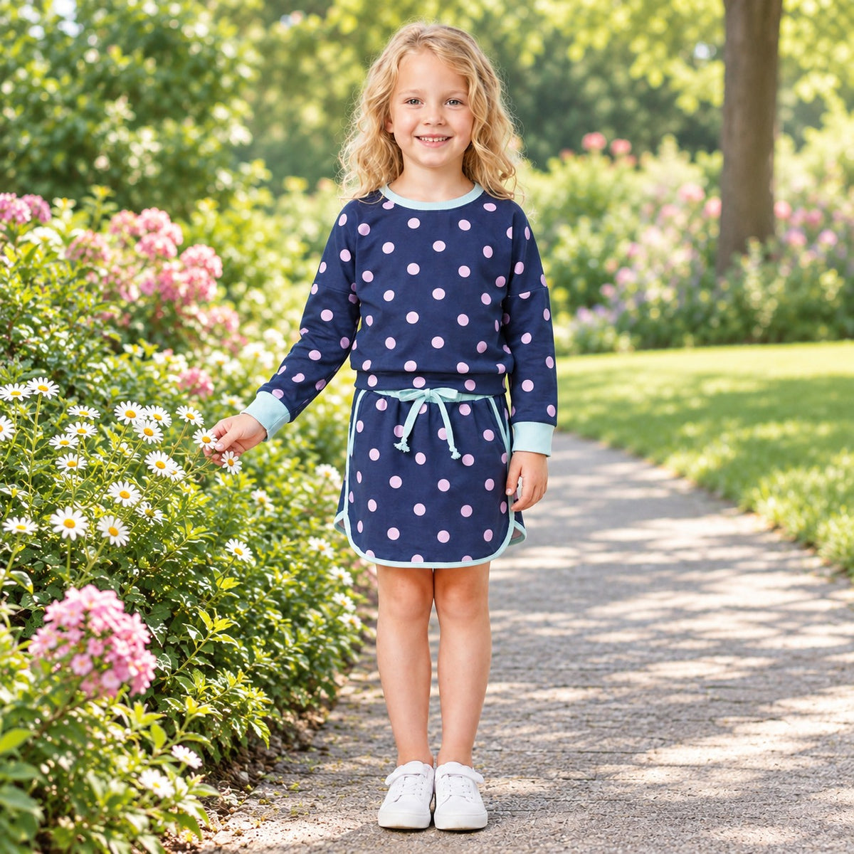 GLD1762 Dots Navy Long Sleeves Girls Skorts Set