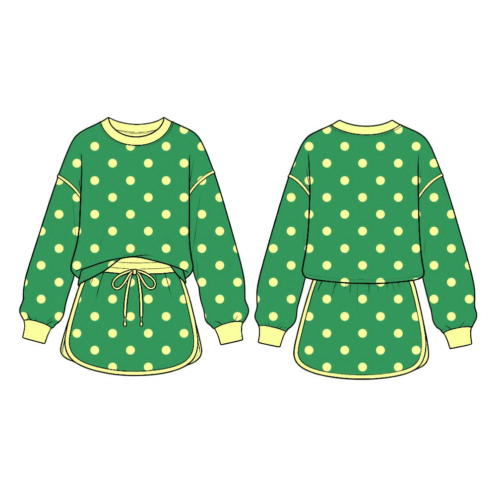 Preorder MOQ 5 pcs GLD1764 Dots Green Long Sleeves Girls Skorts Set